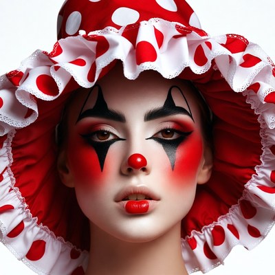 Woman in red polka dot clown hat