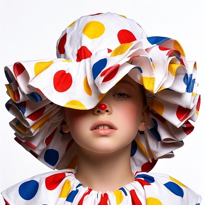 Girl in colorful polka dot clown hat