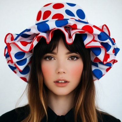 Woman wearing red white blue polka dot hat