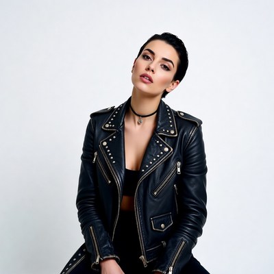Woman in black leather jacket
