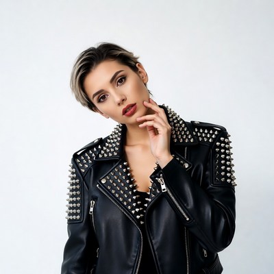 Woman in studded leather jacket
