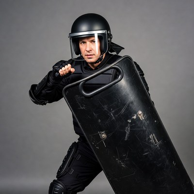 Riot police officer holding shield