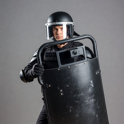 Riot police officer holding shield