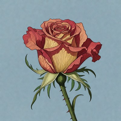 Illustrated Orange Rose with Stem