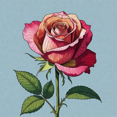 Pink Rose Illustration on Blue Background