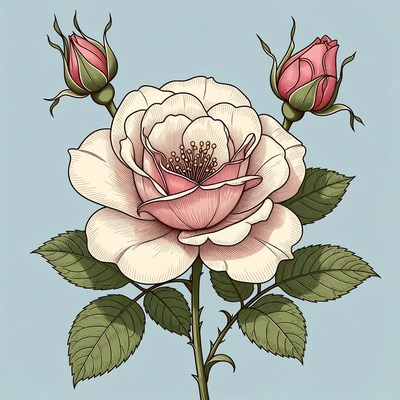Pink Rose with Buds Illustration