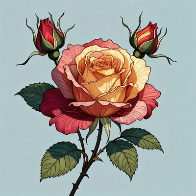 Orange Rose with Red Buds Illustration