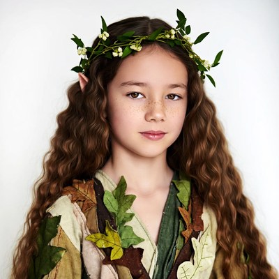 Girl in leaf dress with flower crown