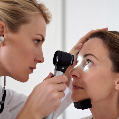 Doctor examining woman's eyes