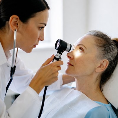 Asian doctor examining patient eyes
