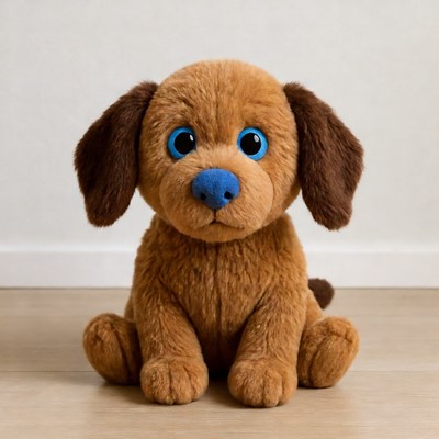 Brown puppy plush toy with blue eyes