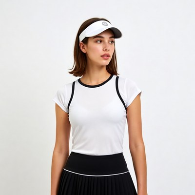 Woman in tennis outfit with visor