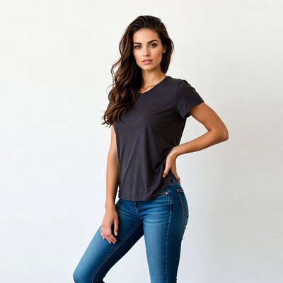 Beautiful woman in gray t-shirt jeans