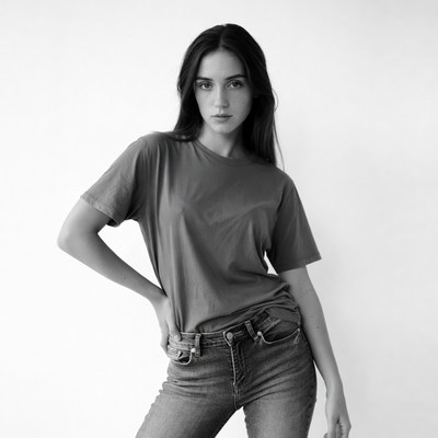 Woman in gray t-shirt and jeans