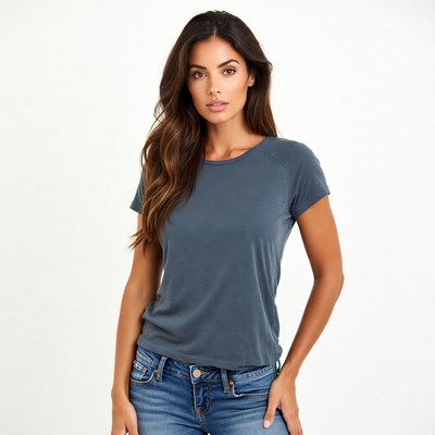 Beautiful woman in gray t-shirt and jeans