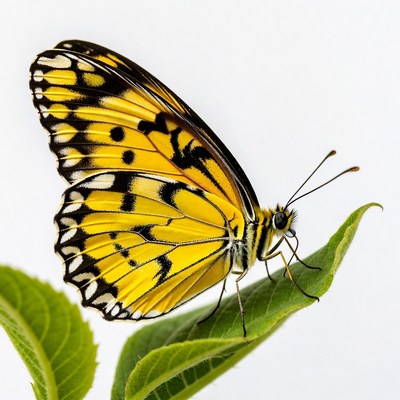 Yellow butterfly on green leaf