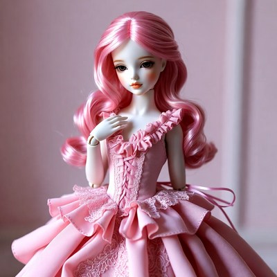 Pink-haired BJD doll in frilly dress