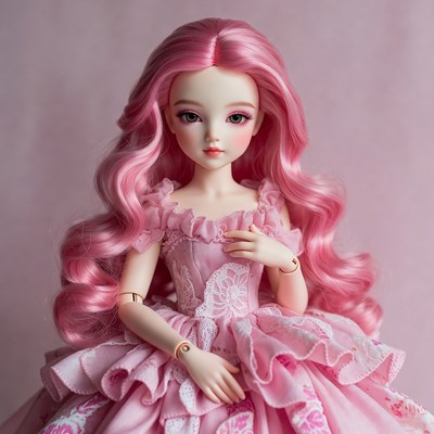 Pink-haired BJD doll in frilly dress