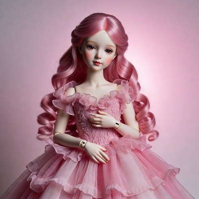 Pink-haired BJD doll in frilly dress