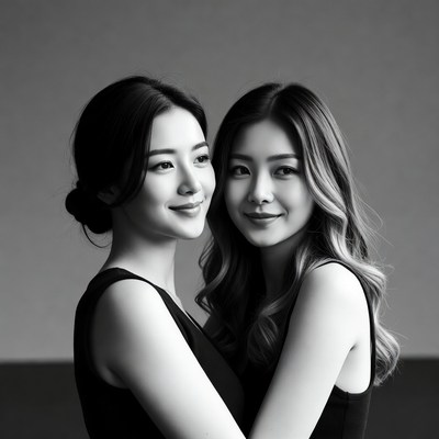 Two Asian women embracing closely