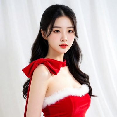 Asian woman in red Santa dress