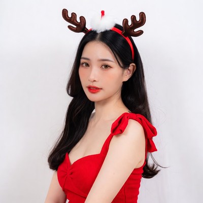 Asian woman wearing reindeer headband