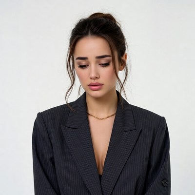 Woman in gray blazer on white background