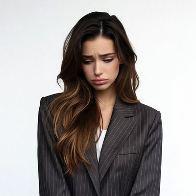 Sad woman in pinstripe suit