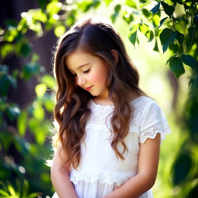 Girl with long hair in green forest