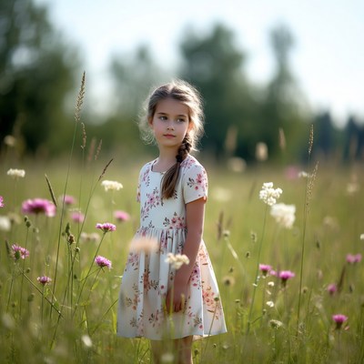 Girl in floral dress in wildflower field