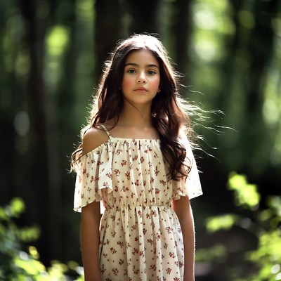 Girl in floral dress in forest