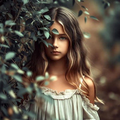 Girl peeking through green leaves