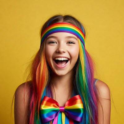 Girl with rainbow hair and bow