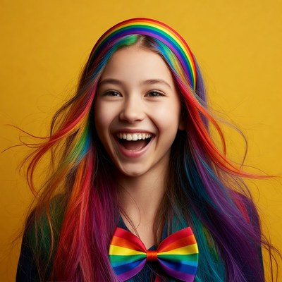 Girl with rainbow hair and bow