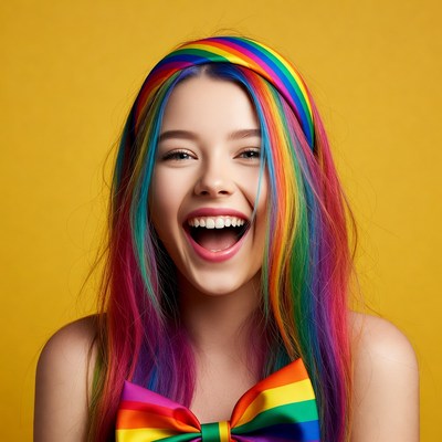 Girl with rainbow hair smiling on yellow background