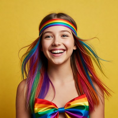 Girl with rainbow hair and bow