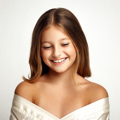 Smiling girl in white off-shoulder dress
