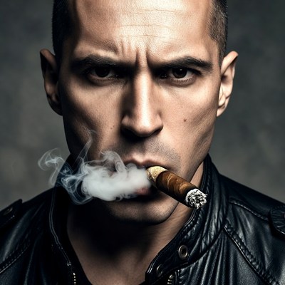 Man smoking cigar in leather jacket