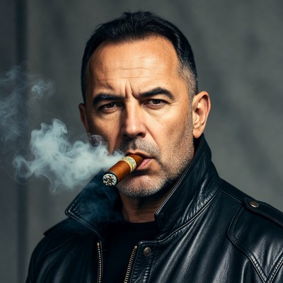 Man smoking cigar in leather jacket