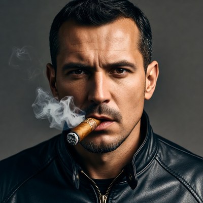 Man smoking cigar in leather jacket