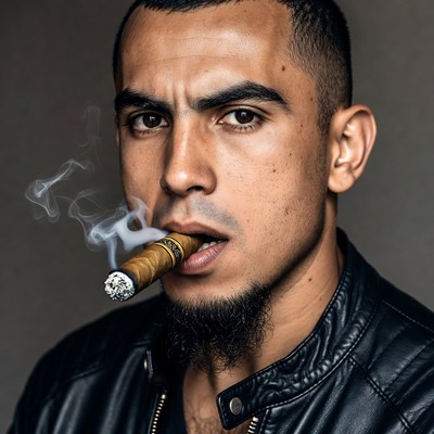 Man smoking cigar in leather jacket