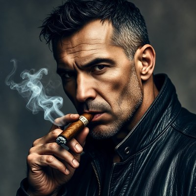 Man smoking cigar in leather jacket