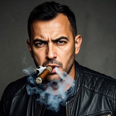 Man smoking cigar in leather jacket