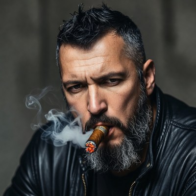 Man smoking cigar in leather jacket
