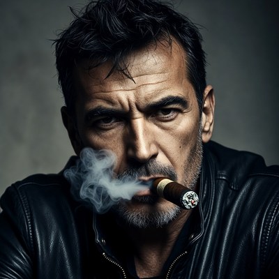 Man smoking cigar in leather jacket