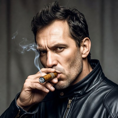 Man smoking cigar in leather jacket