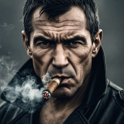 Man smoking cigar in leather jacket