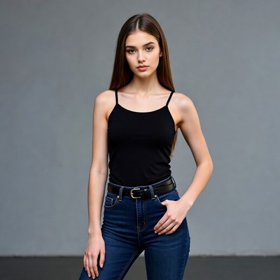Young woman in black top and jeans