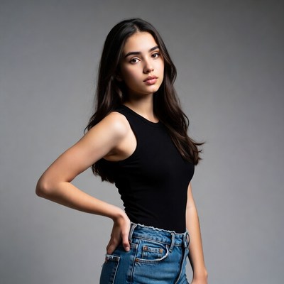 Young woman in black tank top and jeans