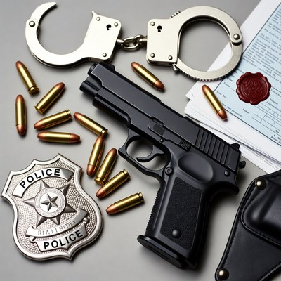 Police handcuffs gun bullets badge